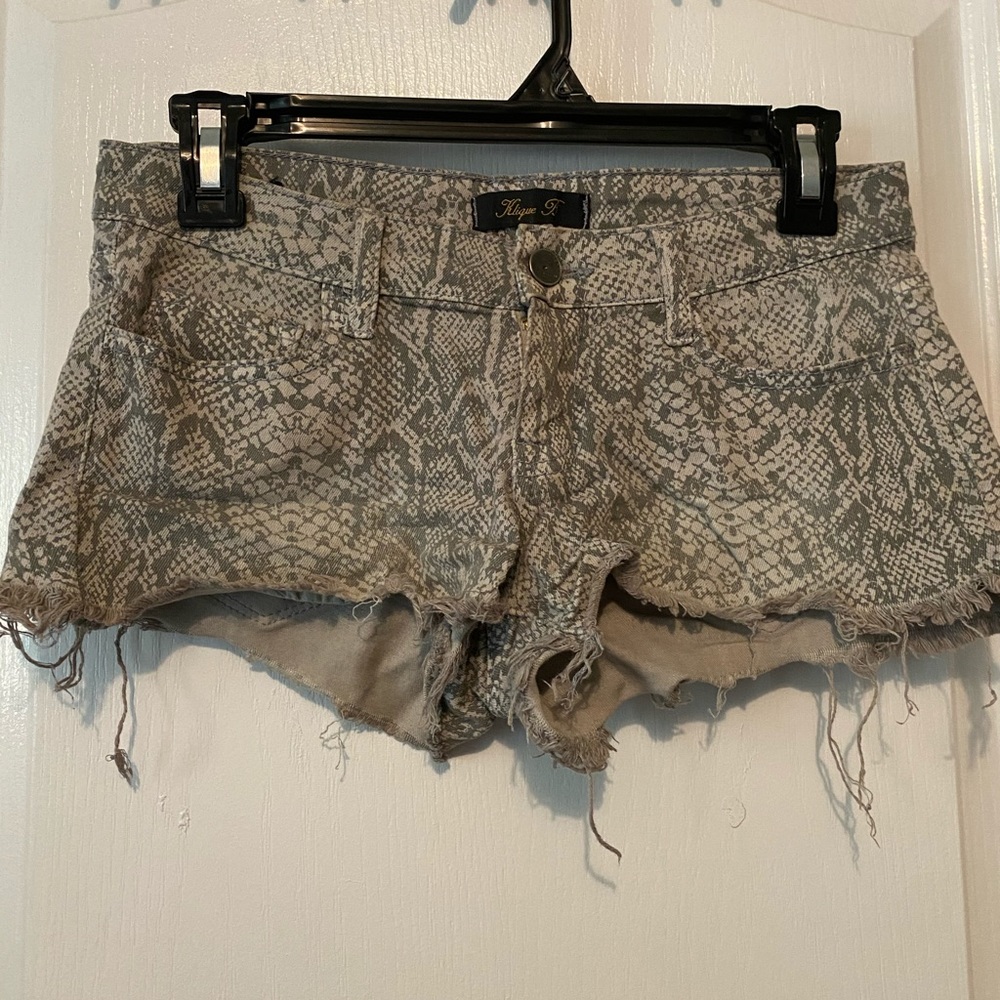 Grey snake skin, distressed style jean shorts